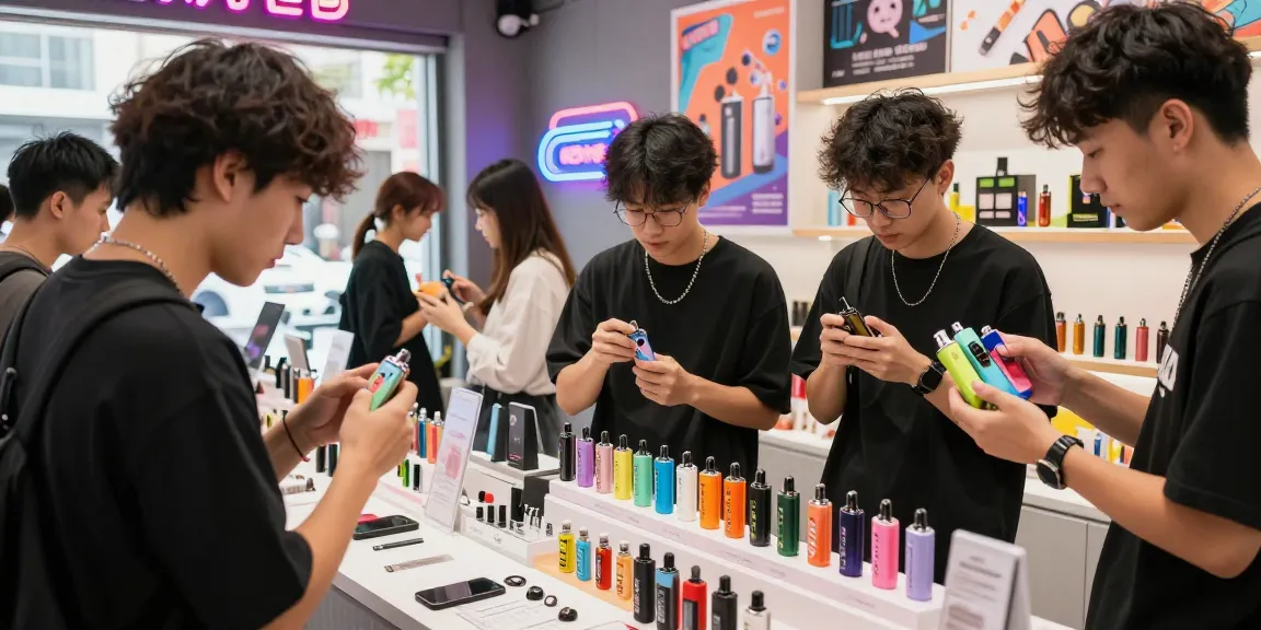 Exploring top disposable vapes in USA at a vibrant urban vape shop with popular brands.
