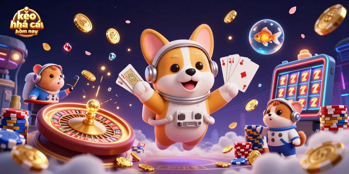 Engage with kèo nhà cái hôm nay through this vibrant cosmic casino adventure featuring colorfully stacked poker chips, drifting coins, and lively characters.