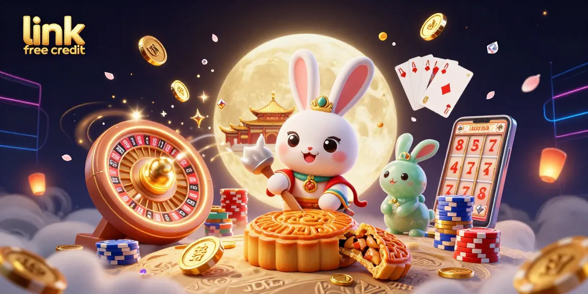 Engage with link free credit while exploring a vibrant 3D cartoon scene filled with gold coins, poker chips, and lucky charms in a casino theme.