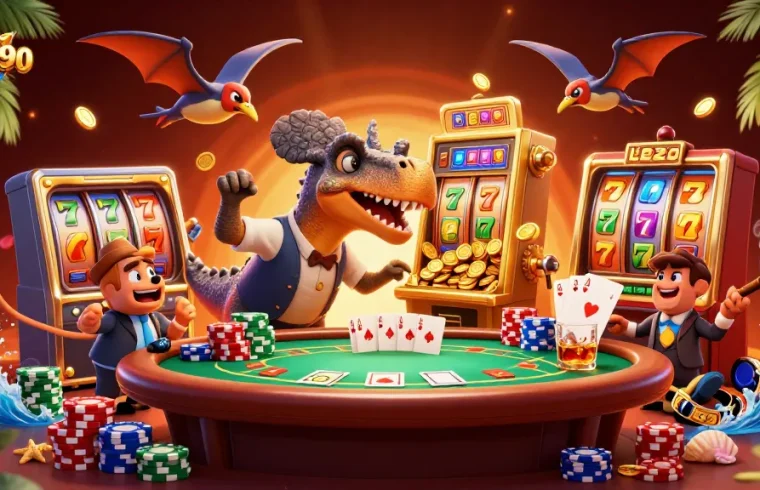 Nohu90 showcases a cartoon dinosaur winning jackpot coins from a slot machine in a vibrant casino scene.