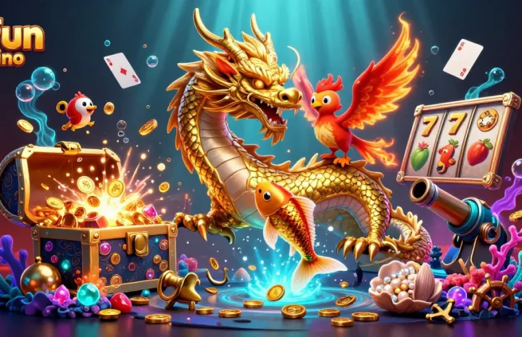 Engage with exciting games at okfun casino, featuring mythical creatures and slot reels in a vibrant scene.