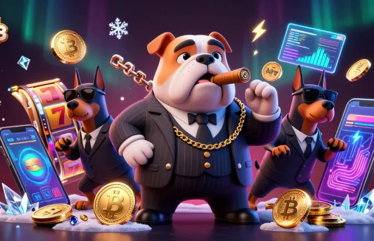 Experience thrilling slots at C168 with a mafia boss and bodyguards amid sparkling casino elements.