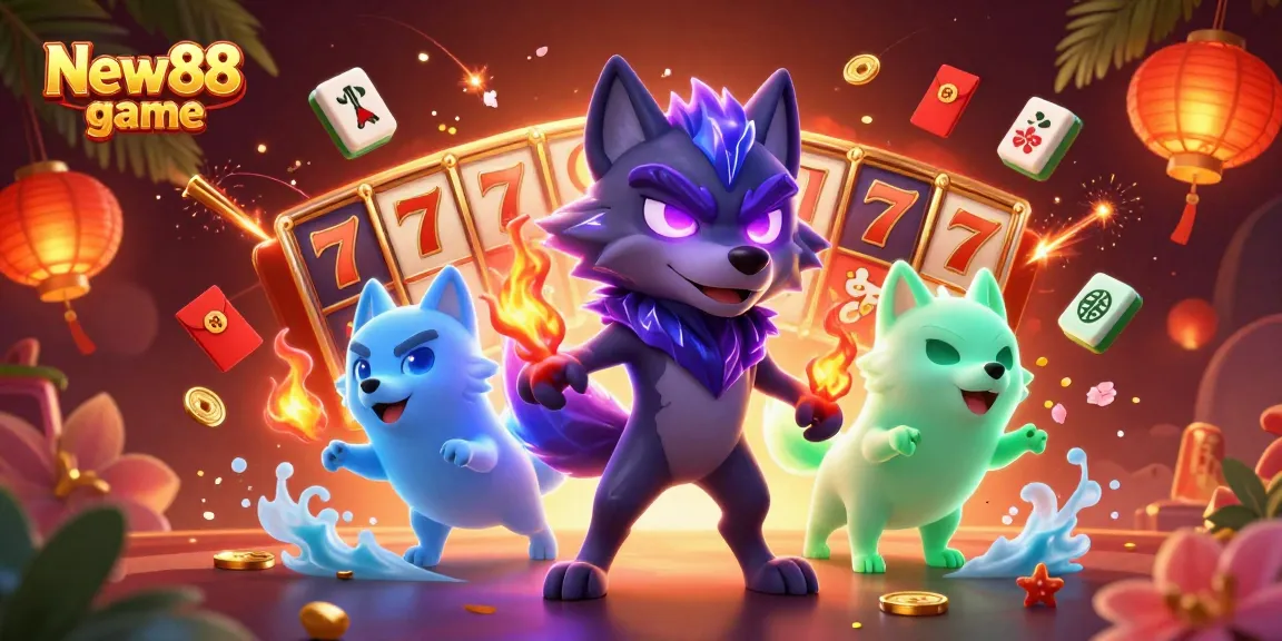 Experience thrilling gameplay in the New88 game with wolves and casino elements surrounded by luck.