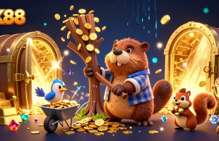 Experience big wins with NK88 while enjoying vibrant casino gaming action and animated characters collecting treasures.