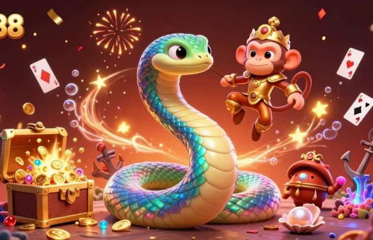 Engage with da88 as the vibrant serpent and monkey king celebrate wins amidst treasures and gaming elements.