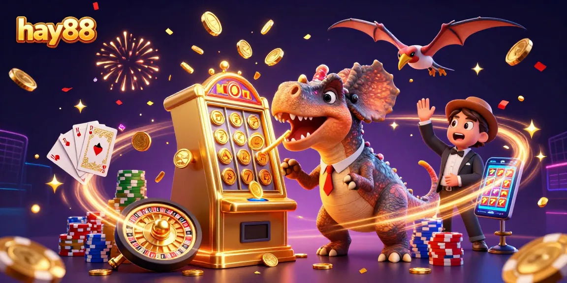 Watch hay88's whimsical characters celebrate a jackpot with cascading coins and vibrant casino elements.