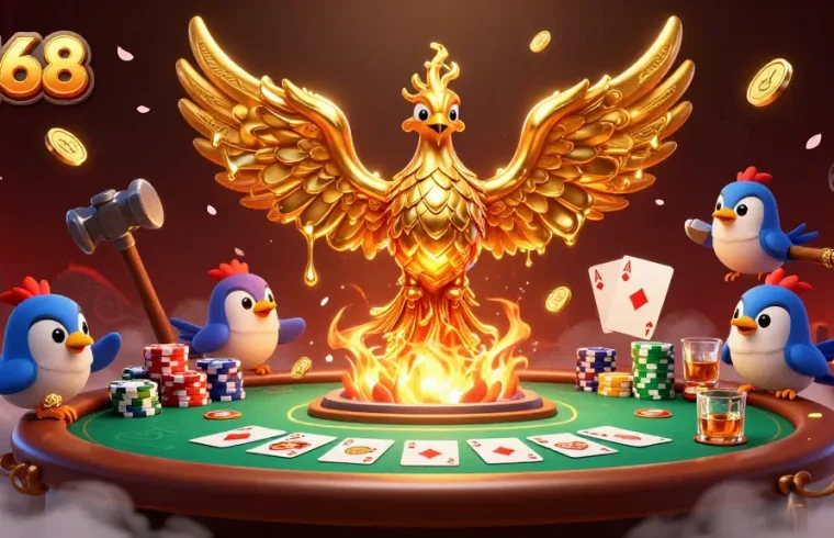 Experience the excitement of C168 with a golden phoenix and poker elements in this dynamic illustration.