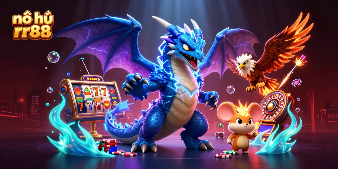 Nổ hũ rr88 features vibrant slot action with a thunder dragon, wind hawk, and jackpots gleaming.