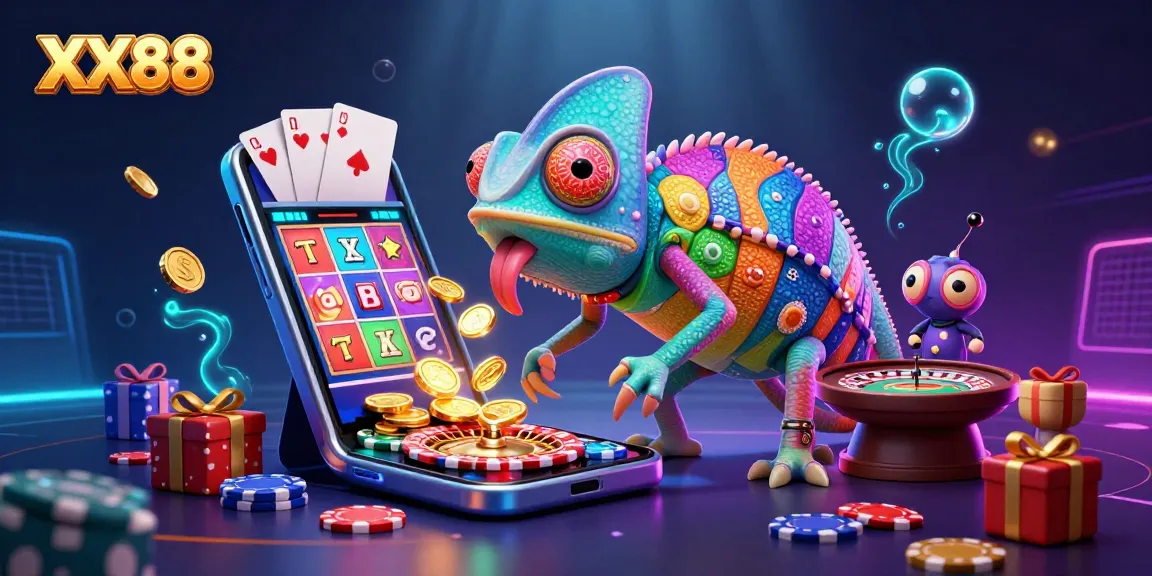 Engage with XX88's vibrant casino atmosphere featuring a colorful chameleon owner and exciting game elements.