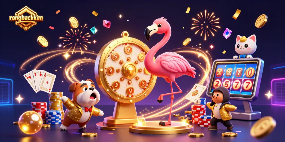 Play exciting lottery games with rongbachkim, featuring a vibrant scene with a game show host, contestants, and prizes.