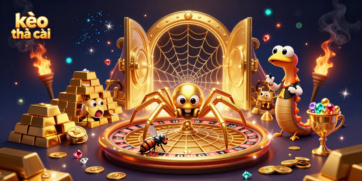 Place bets with the kèo nhà cái as a golden spider spins a roulette wheel web, showcasing thrilling gambling.