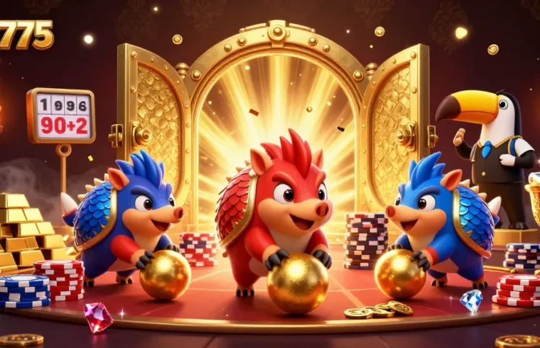 Engage in action with 7p7775 as rival pangolins roll golden balls amidst poker chips and treasures.