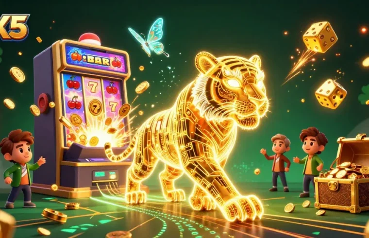Experience the thrill of MX5 casino with dynamic 3D illustration showcasing winning slots and vibrant gameplay.
