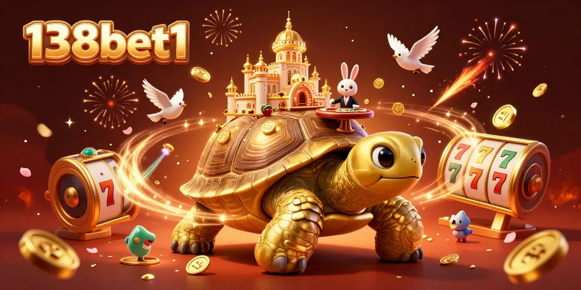 Experience the excitement of 138bet1 with a vibrant casino scene featuring a golden tortoise, rabbit dealer, and dynamic game elements.