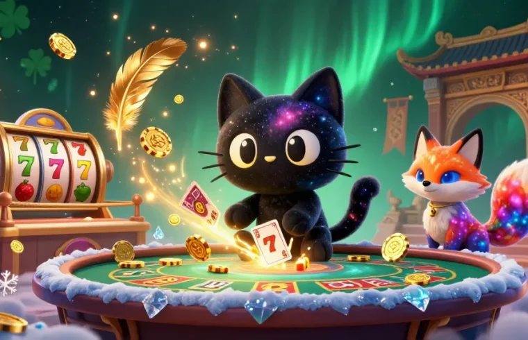 HHBD casino scene featuring a black hole cat and a nebula fox amidst golden chips and slots.
