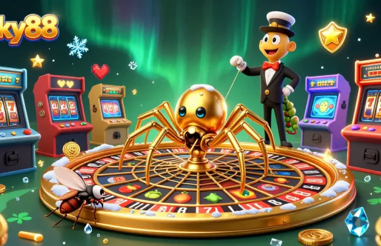 Engage with lucky88's vibrant casino web as the golden spider spins a roulette wheel with spirited bets.