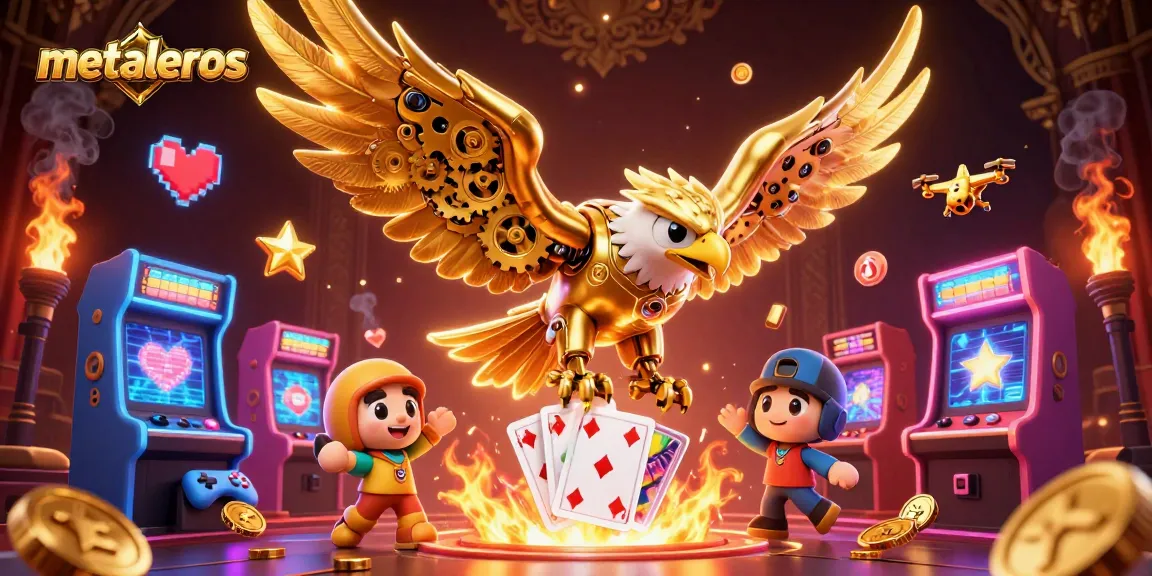 Menangkan permainan metaleros dengan ayam golden eagle cybernetic menyelam di atas kartu holografik.