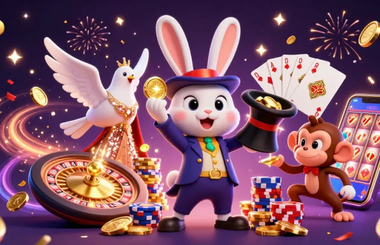 vup casino scene featuring a magician rabbit, sparkling coins, and dynamic gaming elements.