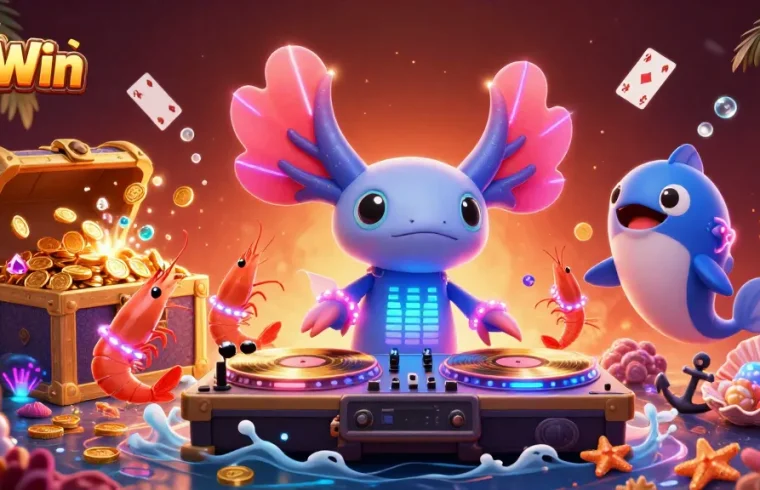Experience the vibrant excitement of 23Win through a neon underwater casino scene with lively characters and games.
