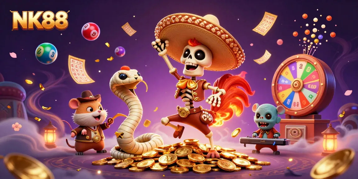Win big with NK88 in a vibrant casino scene packed with lottery elements and colorful characters.