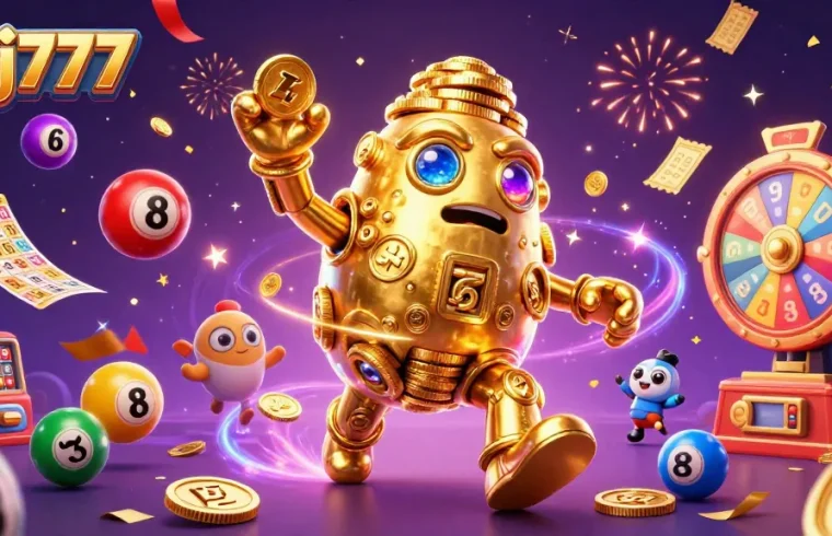 Experience the excitement at 97j777 with a vibrant casino-themed illustration showcasing dynamic lottery and gaming elements.