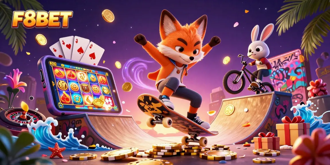 Engaging scene of F8BET with dynamic characters and vibrant casino elements showcasing thrilling gambling action.