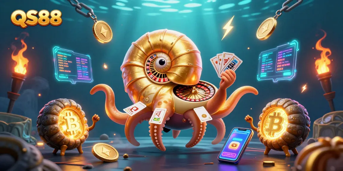 Engage with QS88 through an immersive online casino experience featuring vibrant characters and crypto elements.