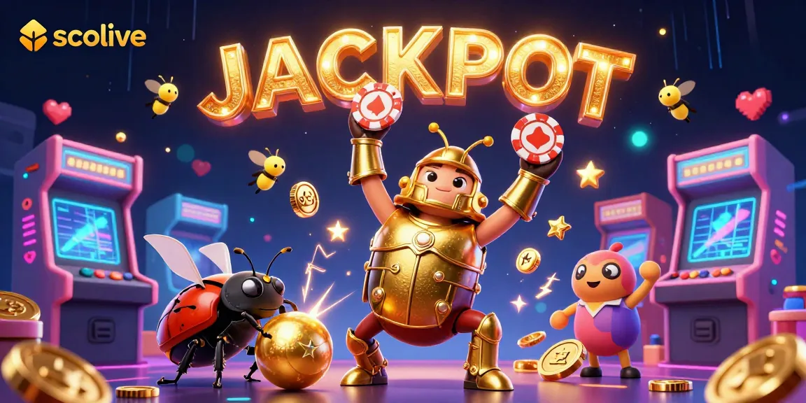 Engage with socolive as a colorful 3D beetle champions jackpot victory in a vibrant gaming scene.