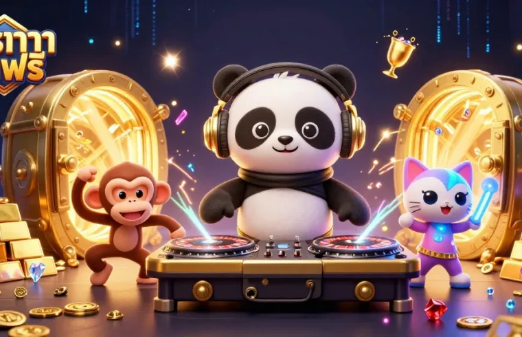 Spin and win with สูตรบาคาร่าsaฟรี in this vibrant, energetic 3D casino illustration featuring dynamic characters.
