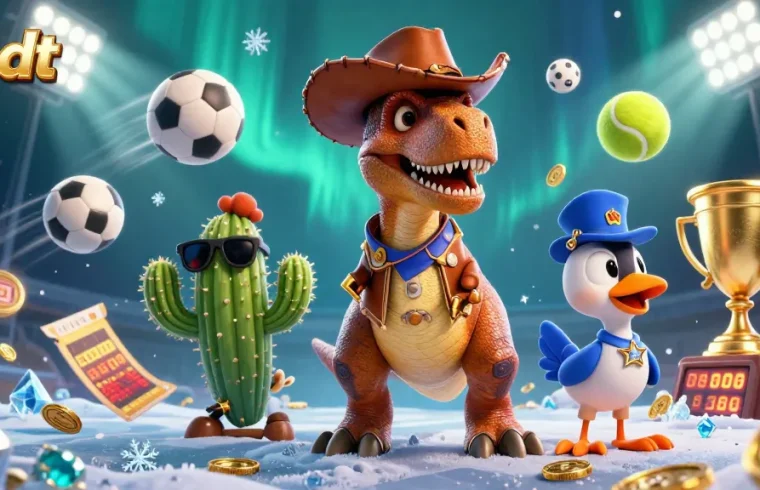 Experience thrilling betting with jlbdt as a cartoon cowboy dinosaur and companions interact in a dynamic casino scene.
