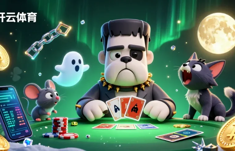 Engage with 开云体育 as a 3D cartoon scene depicts a bulldog monster dealing cards amidst neon crypto coins and a mystical background.