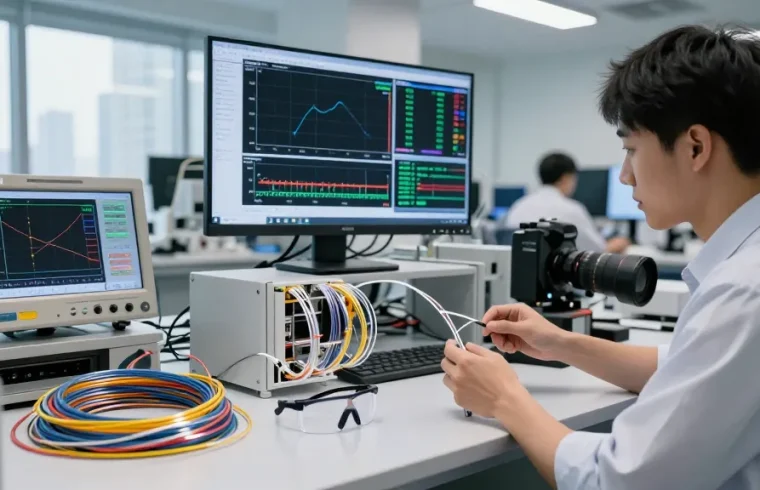 Engineer analyzing advanced fiber optic fiber components in a modern lab setting.