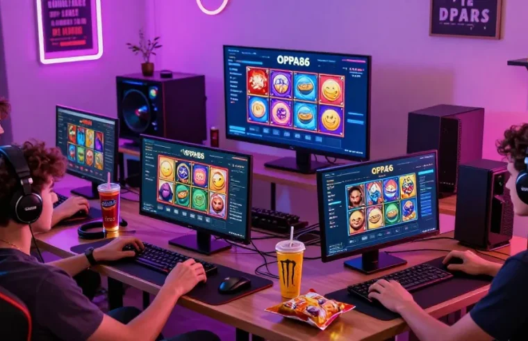 Exciting online gaming setup with OPPA86 link featuring colorful slot games and enthusiastic players.
