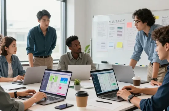 Tim profesional berdiskusi strategi GEGESLOT di ruang kerja modern, dengan laptop menampilkan dashboard analitik.