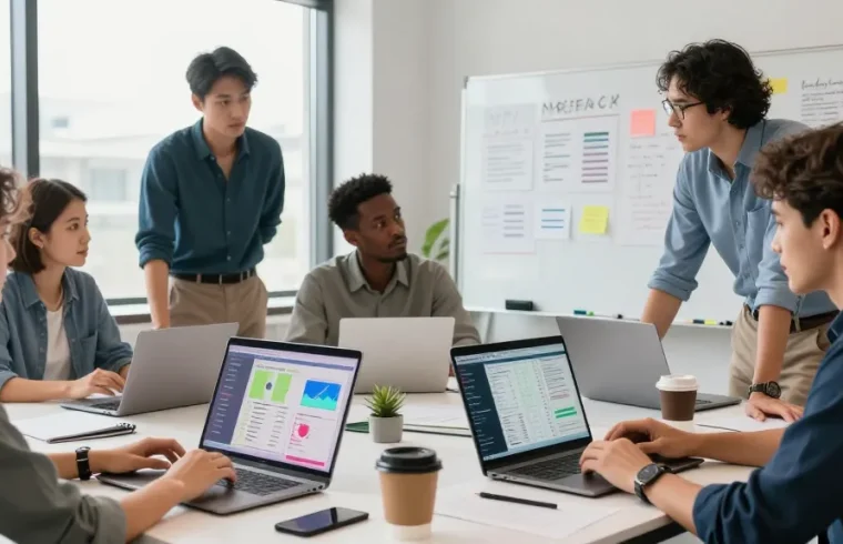 Tim profesional berdiskusi strategi GEGESLOT di ruang kerja modern, dengan laptop menampilkan dashboard analitik.