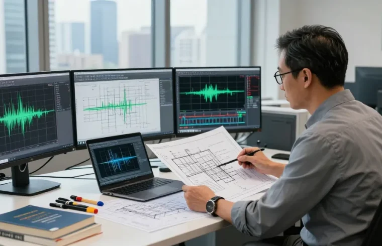 Seismic Design Engineer Canada analyzing structural plans in a modern office environment with CAD software and urban view.