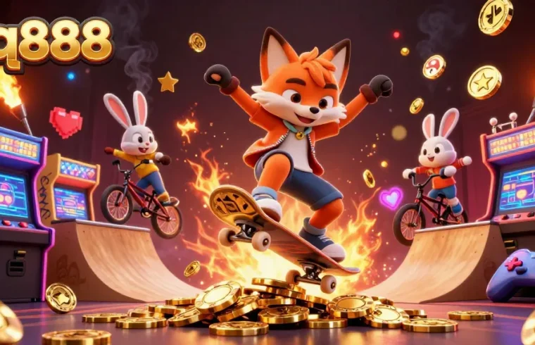 Experience thrilling action at qq888 with a skateboard fox and BMX rabbit in a vibrant casino scene.