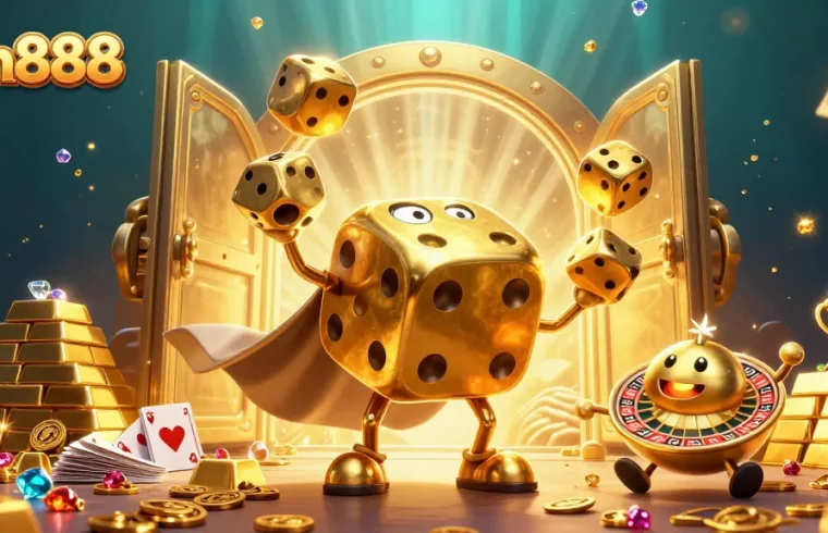 Experience the excitement of Jun888 with vibrant 3D characters surrounded by treasure and casino elements.