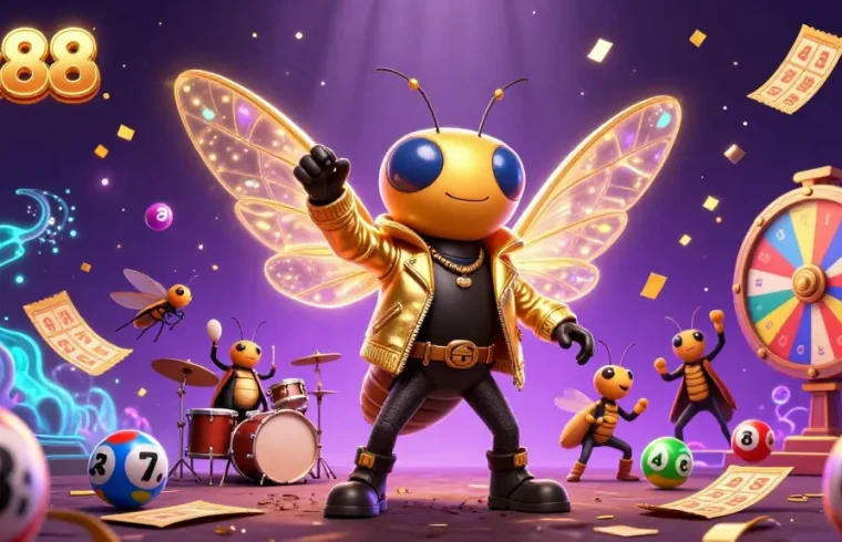 Engage with Sc 88 in an electrifying 3D scene featuring a cicada rock star and vibrant games.