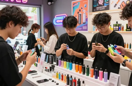 Exploring top disposable vapes in USA at a vibrant urban vape shop with popular brands.